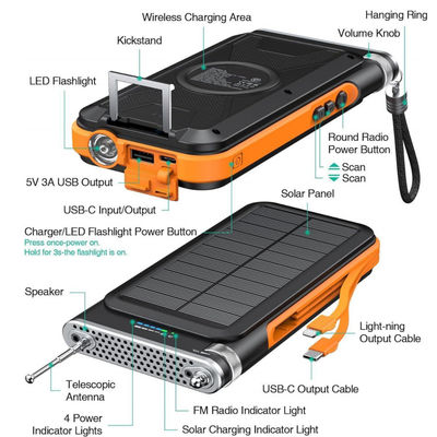 Banco de energía de cargador solar portátil inalámbrico con radio FM 20000mAh