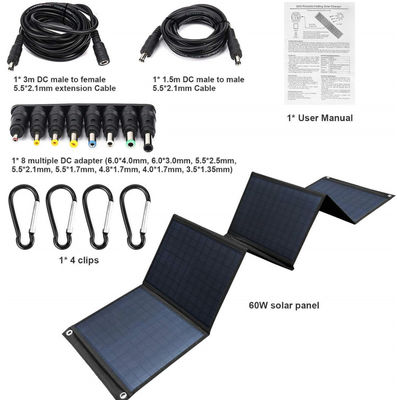 Panel solar plegable de alta eficiencia de 60W con 5V USB para acampar, teléfono celular